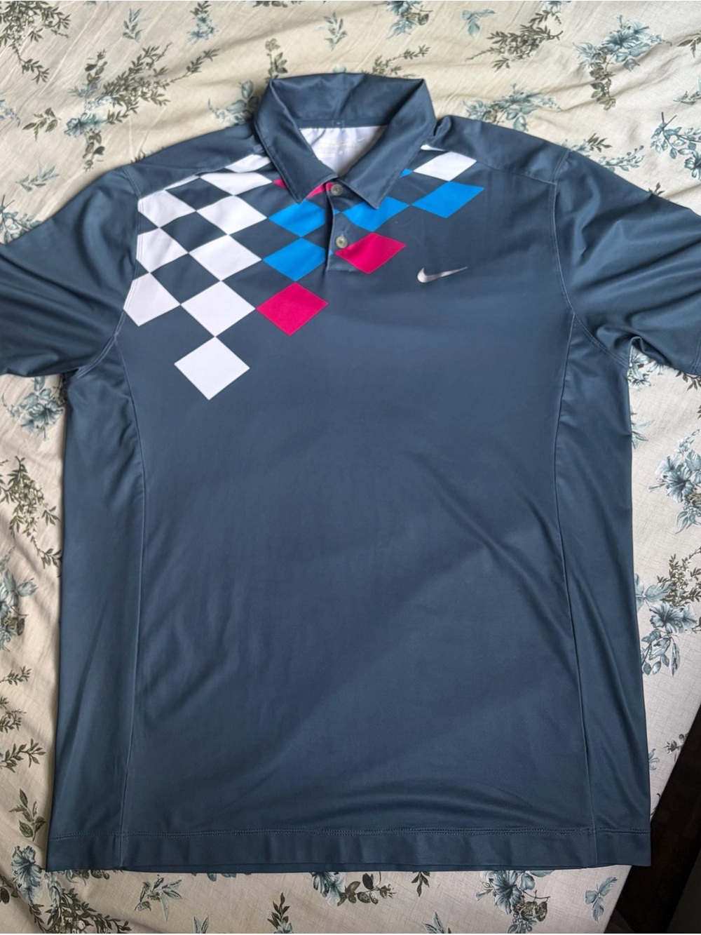 Nike Men's Slate Blue Polo with White, Blue and Pink Geo Accents